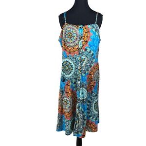 Lyrur Womens XL Mandala Print Button Front Midi Sundress Blue Orange 2 Pockets